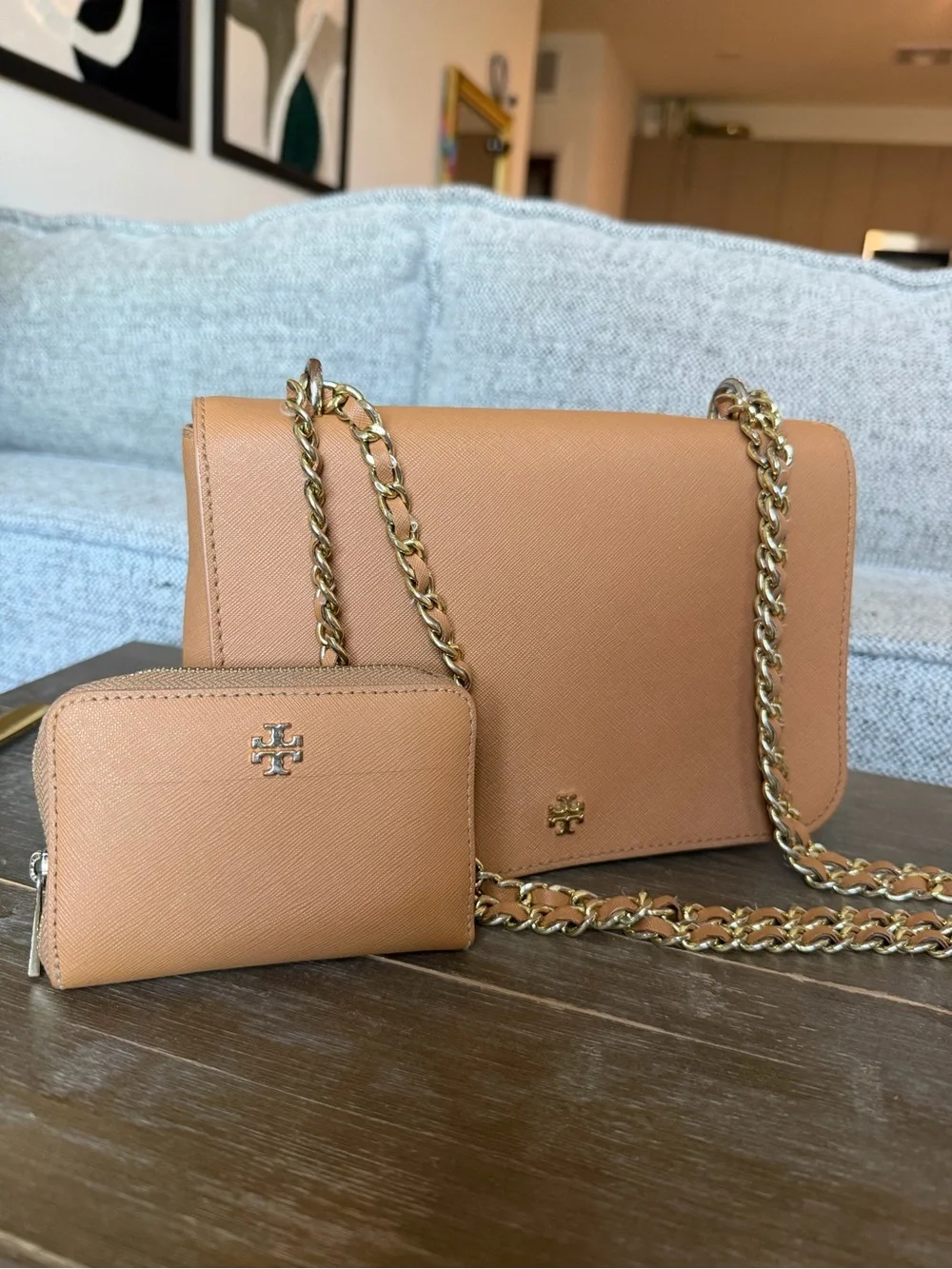 Tory Burch Camel/Tan Chain Crossbody with Matching Wallet